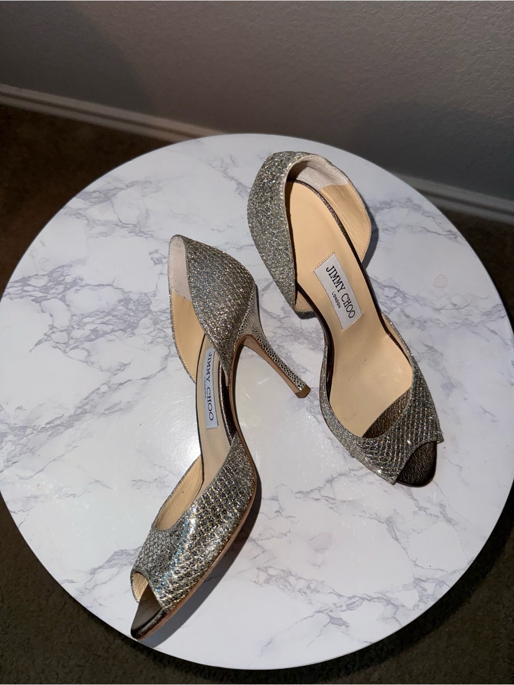 Jimmy Choo Silver Glitter Open-Toe Stiletto Heels